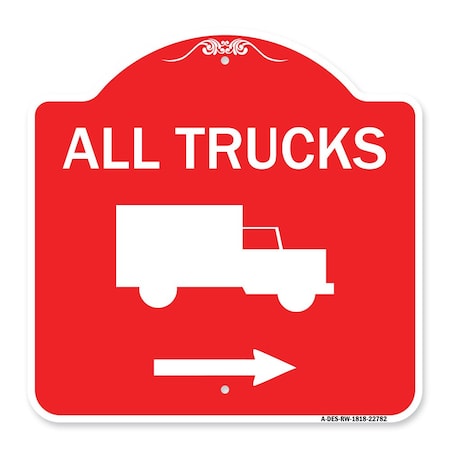 Trucks Sign All Trucks With Truck Symbol & Right Arrow, Red & White Aluminum Architectural Sign